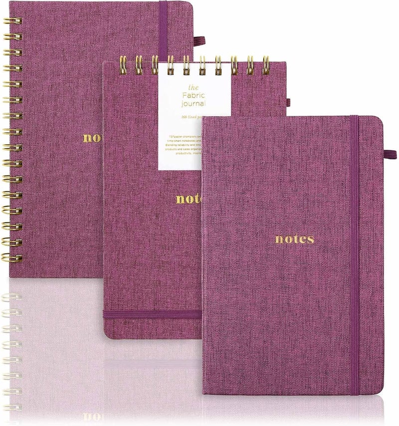 TSFPapier A5 Lined Journal Notebook – Hardcover Fabric Cover 160 Pages 100 GSM Thick Paper With Elastic Band & Pen Holder College Ruled Writing Notebooks for Work School Travel 3pack purplish-red Set - Image 1